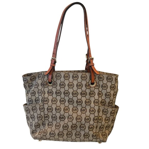 Michael Kors Brown MK Monogram Canvas Shoulder Tote Bag Purse - Picture 2 of 11